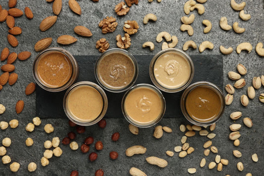 Assorted nut butters with almonds, cashews, walnuts, pistachios and peanuts.
