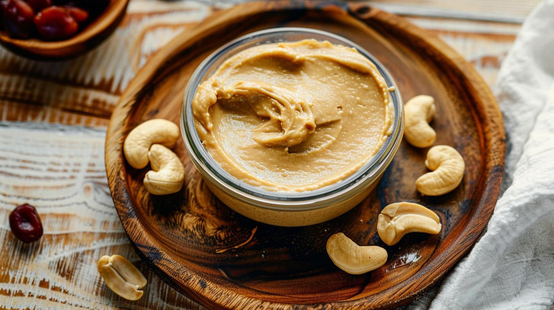 Homemade cashew butter in a glass jar with whole cashews