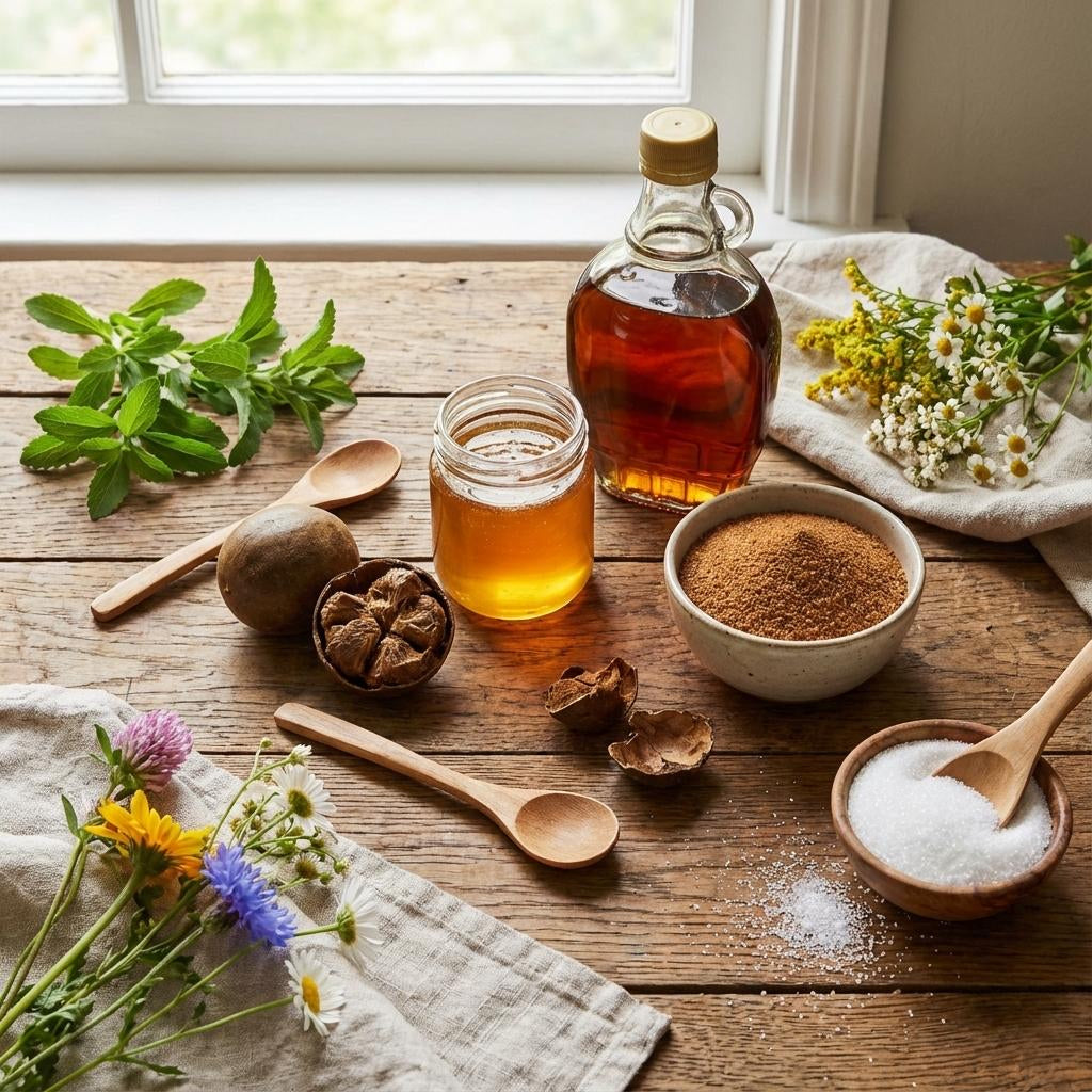 Natural sweeteners including honey, coconut sugar, and white sugar displayed on a rustic wooden table