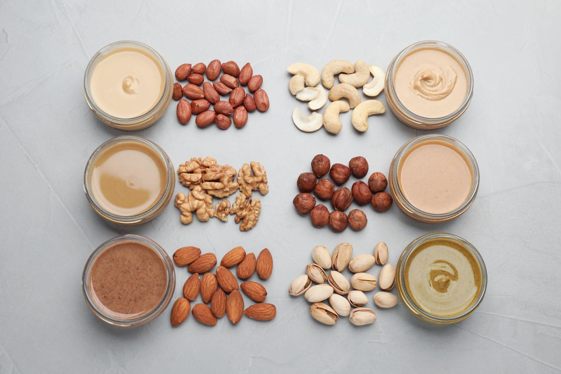 Different types of nut butter made from peanuts, cashews, walnuts, almonds and hazelnuts