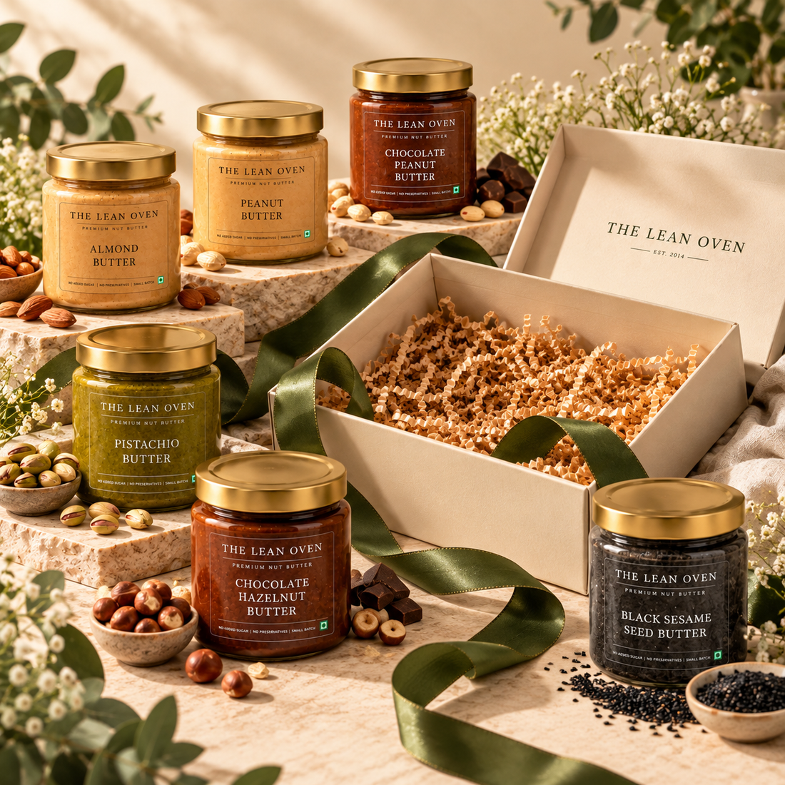 Six jars of The Lean Oven nut butters and an open gift box with shredded paper filling, ribbon and flowers on a rustic table