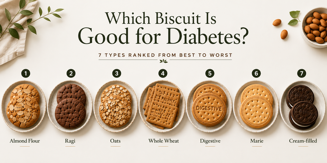 Which biscuit is good for diabetes? Seven biscuit types ranked from almond flour and ragi to Marie and cream-filled biscuits based on ingredients and glycemic impact.