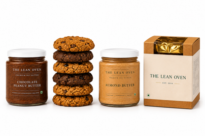 Jars of chocolate and almond butter with cookies and a box on a white background